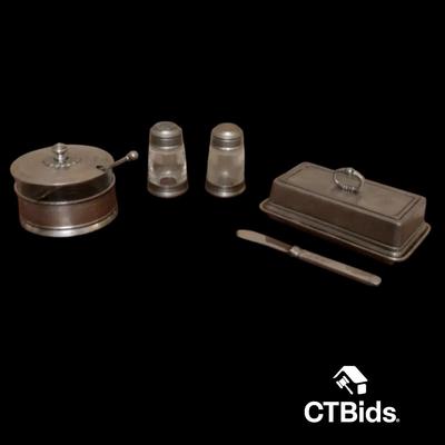 DS219 - Match Pewter Butter Dish, Salt & Pepper, Relish Dish