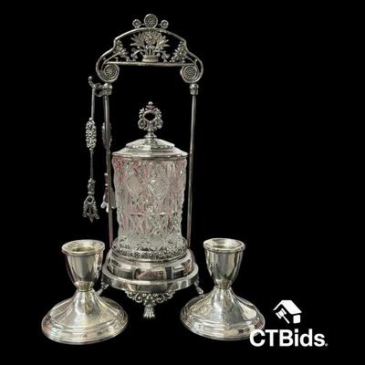 PU103 - Vintage Silver Plate Pickle Canister and Sterling Candlesticks