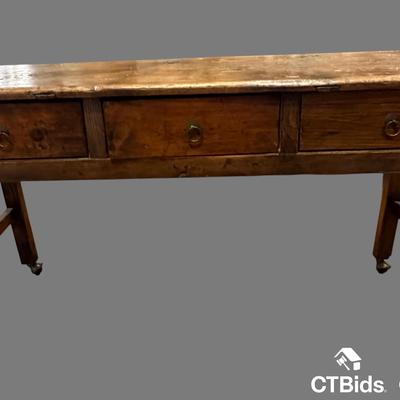 DS101 - Rustic Chestnut Rolling Table with 3 Drawers