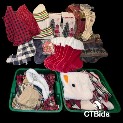 DS422 - Assorted Christmas Present Bags, Stockings, and Tree Skirts.