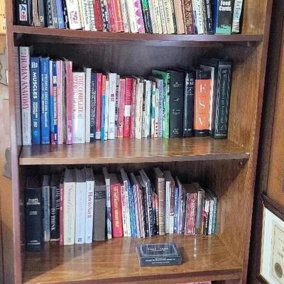 5 Shelf Bookcase With Books On Health, Fitness, And Religion
