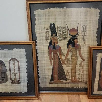 Vintage Papyrus Hand Painted Egyptian Art Framed Set Of 3