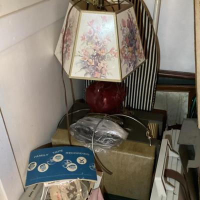 Sale Photo Thumbnail #111: Small table lamp with red base and floral shade