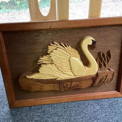 Sale Photo Thumbnail #6: Framed piece of intarsia wood art depicting a swan