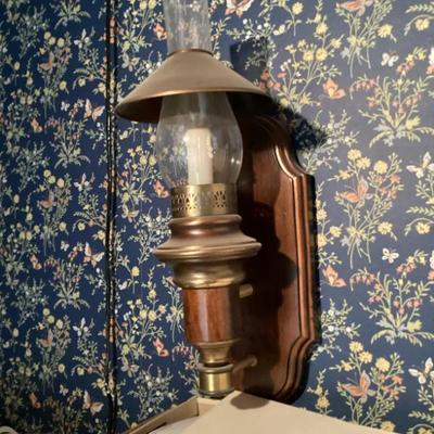 Sale Photo Thumbnail #115: Vintage brass and wood electric wall sconce