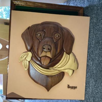 Sale Photo Thumbnail #97: Hand carved picture of dog with a yellow bandana