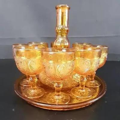 Vintage 1971 - 1989 MCM Amber Tiara Decanter with Glasses and Tray 