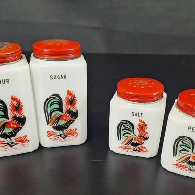 Tipp City 1930"s Milk Glass Rooster - Salt - Pepper - Flour Sugar 