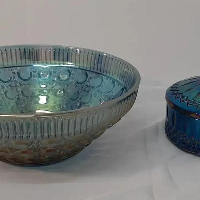 2 Vintage Carnival Glass Blue Candy Dish - Iridescent Bowl 