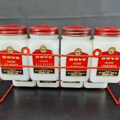 Vintage Hazel Atlas White Milk Glass Dutch 8 Spice Set with Rack 