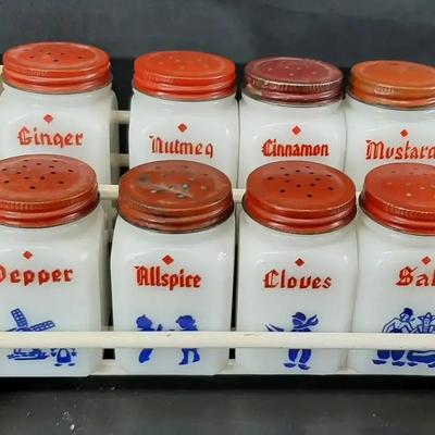 Vintage 1920's Dove Dutch Spice Jar Set with Wood Rack