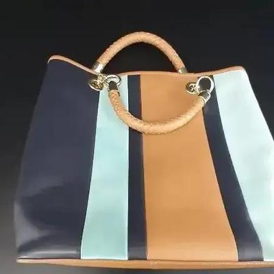 Talbots Tan and Teal Leather Handbag