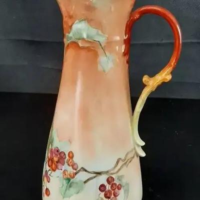 10" Hand Painted Cherry Pitcher Marked GOA France 