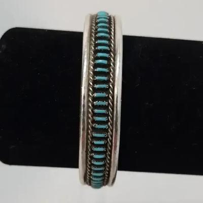 Vintage Native American Zuni Needlepoint Cuff Turquoise Sterling Bracelet -Verified 
