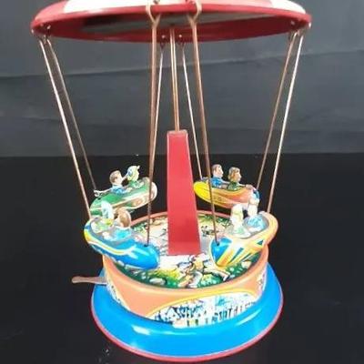 Vintage Wind-up Tim Plate Fairgrounds Carousel Ride - Working