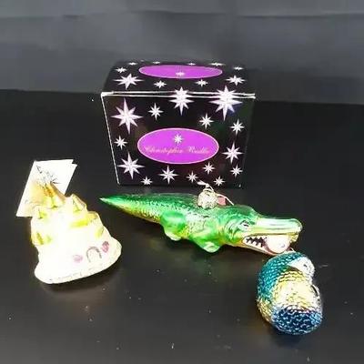 3 Hand Blown Glass Ornaments - Parrott - Alligator -Parrott  