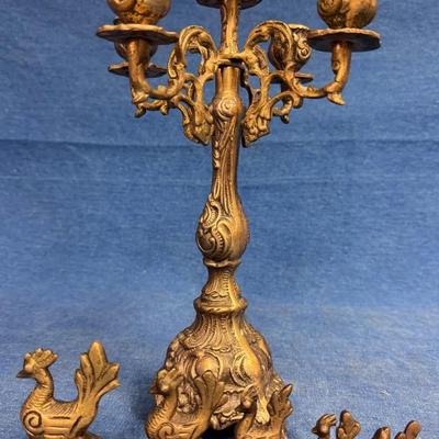 Antique Solid Brass Candleabra and Bronze 5pc Opium Weights