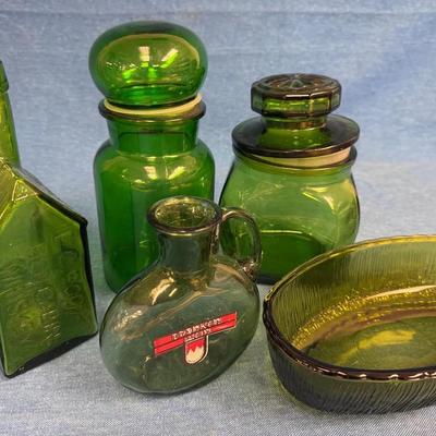 Green Glass Jars, Bottles, Oval Dish