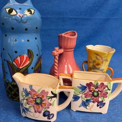 Made In Japan Gold Castle Pottery Vase, Floral Cream & Sugar Set, Cat Piggy Bank, Red Pitcher 