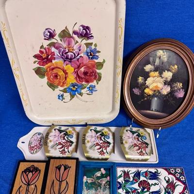 Mid Century Wall Mounted Floral Organizer, Floral Wall Hangings, Watercolor Paintings