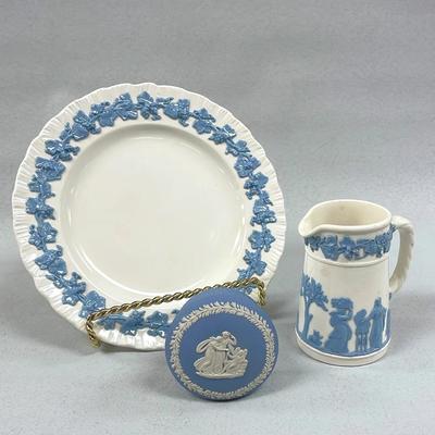 Wedgewood Trio; Pitcher, Plate And Trinket Box