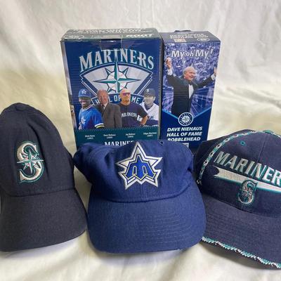 Mariners Baseball Hats And Hall Of Fame Bobble Heads Niehaus, Randy Johnson, Dan Wilson