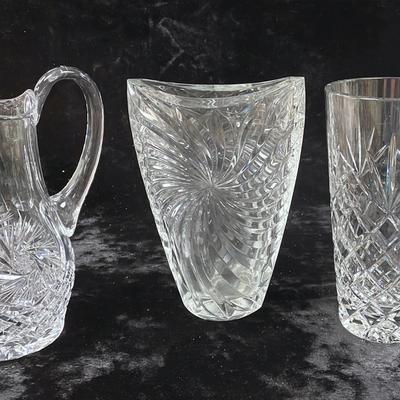 Crystal Trio; Pitcher And Two Vases