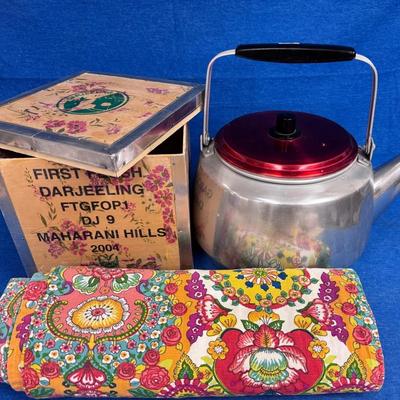 Darjeeling Wooden Tea Crate, Giant Aluminum Tea Kettle, Printed Table Runner