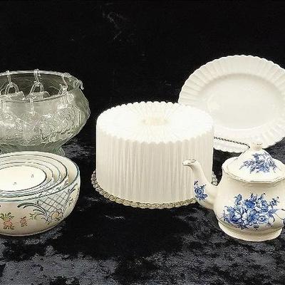 Punch Bowl, Cake Plate + Serving Dishes