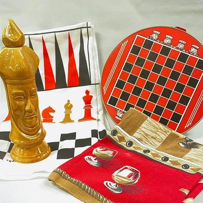 Elevated Game Night Collection Vintage Tablecloths & Old Crow Chess Bottle 