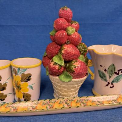 Made In Italy Ceramic Cups, Strawberry Ceramic Decor, Lemon Themed Olive Dish