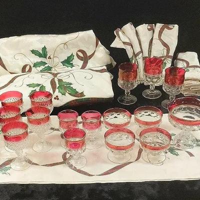 Cranberry Glass And Lenox Table Linens