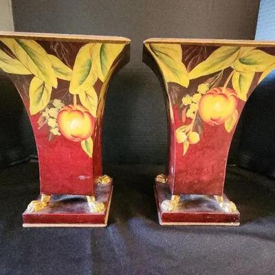Pair Of Red Metal Decorative Vases with Hand Painted Fruits & Leaves - Square Base