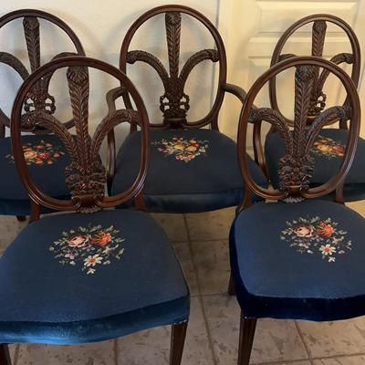 5 Antique Wooden Chairs - Exquisite Blue Needlepoint Seats Velvet Trim - 1 Captain Style