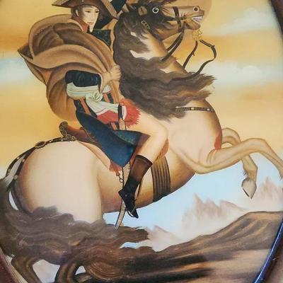 Antique Napoleon Bonaparte On Horseback Painting In Oval Wood Frame