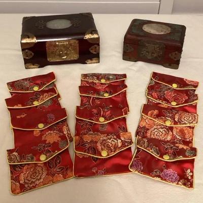 MMP005 Chinese Wooden Jewelry Boxes & Twelve Embroidered Satin Pouches