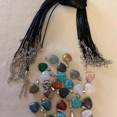MMP140 Twenty-Five Polished Stone Heart Pendants & Black Cord Necklaces New