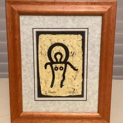 MMP144 Koa Veneer Framed Natural Fiber Hawaiian Petroglyph Woodblock Print