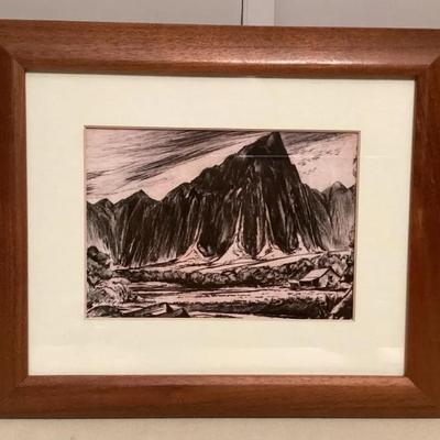 MMP145 Koa Framed Etched Drawing Print Titled Kaneohe Landscape