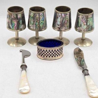 Sale Photo Thumbnail #173: 2102 • alpaca mexico silverplate and albalone shot set & more