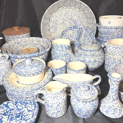 Collection Of Blue/White Henn Roseville Spongeware Dishes, Bowls, Plates-38 Pc
