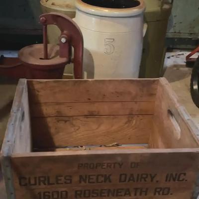 Vintage Milk Jugs, Crate And Water Pump 