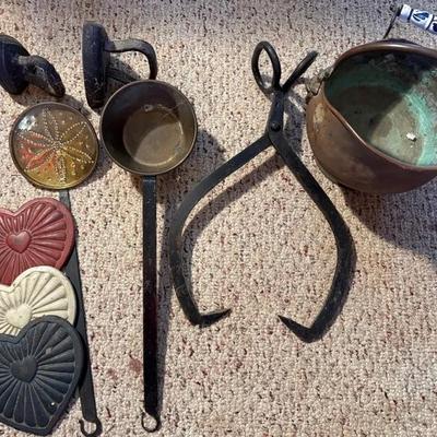 Fireplace Decor-Cast Iron Trivets, Brass/Copper Pots, Sad Irons 