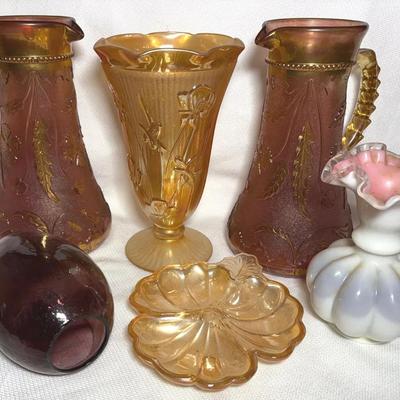 Vintage Iridescent Glass Pitchers, Vase, Dish 