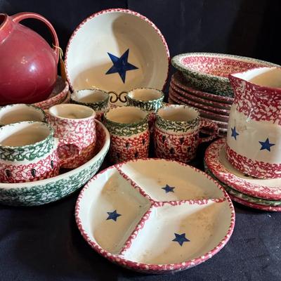 Collection Of Hen Roseville Red/Green Spongeware Dishes 27pc