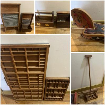 Vintage Wooden Items: Printer Trays, Washing Boards & More