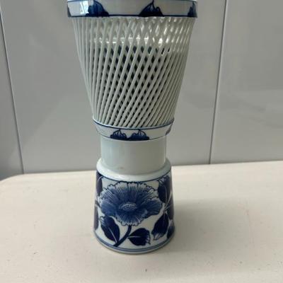 Sale Photo Thumbnail #333: Vintage reticulated Japanese blue and white porcelain vase. 
