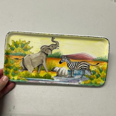 Sale Photo Thumbnail #223: Hand made and painted safari platter. Signed on back by the artist. 