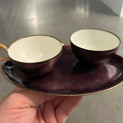 Enamel tray and creamer/sugar. 