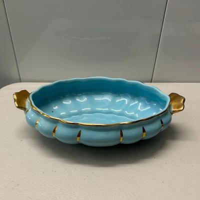 Sale Photo Thumbnail #314: Hand painted fancy blue and decorated 22k gold accent dish. Likely Mid-century. 